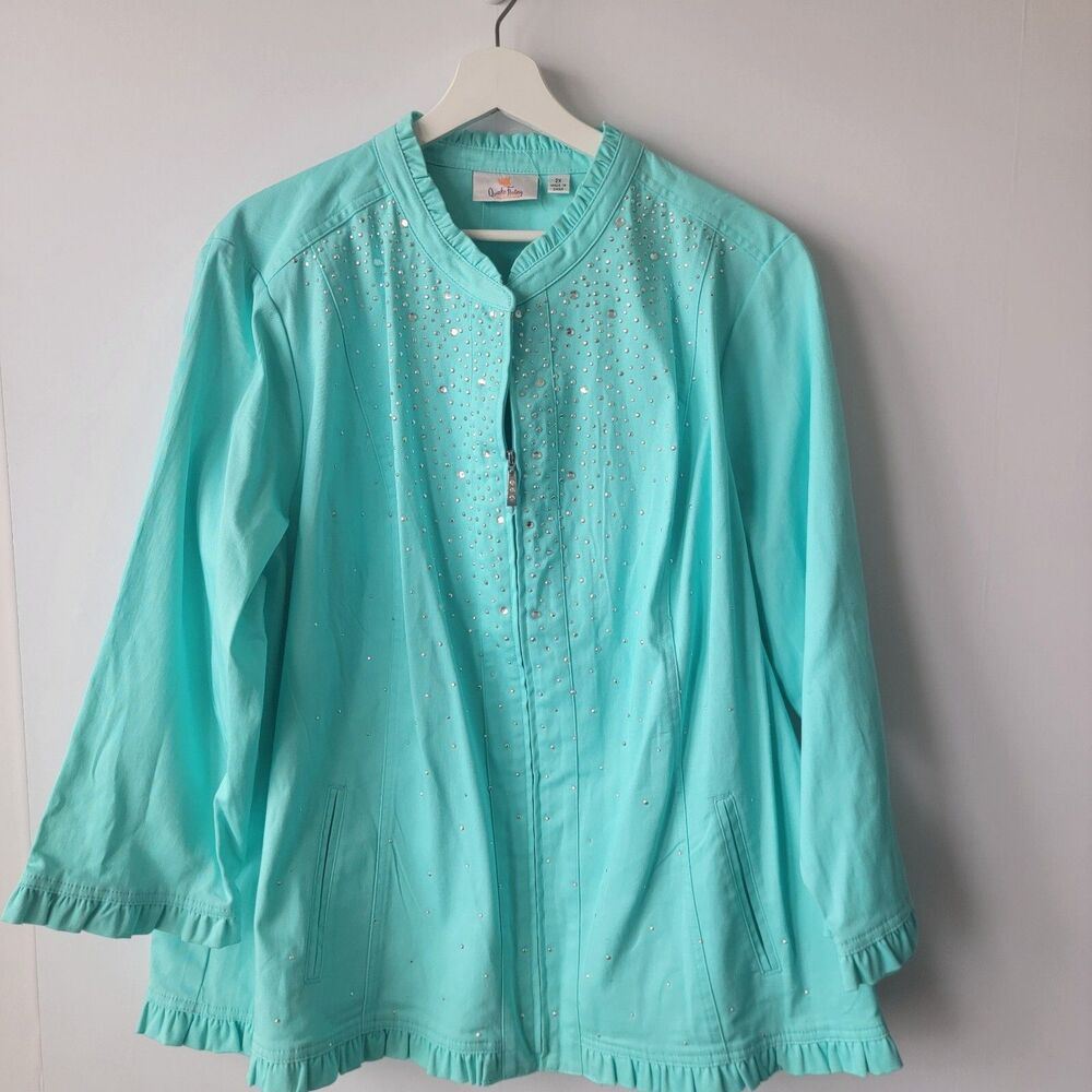 Quacker Factory womens‎ Jacket Size 2X Teal embellished Full Zip Long Sleeve